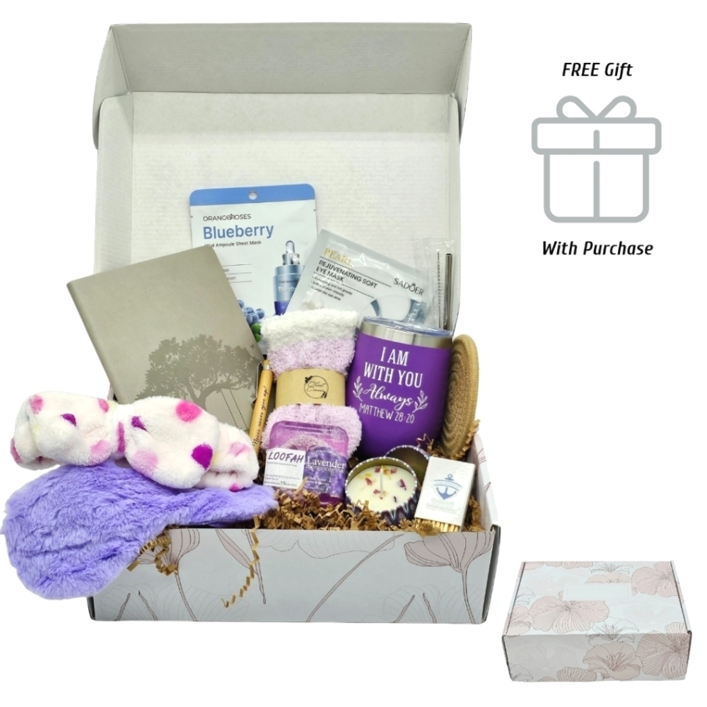 Blissful Indulgence Inspirational Gift Box Matthew 28:20 Purple Stainless Cup